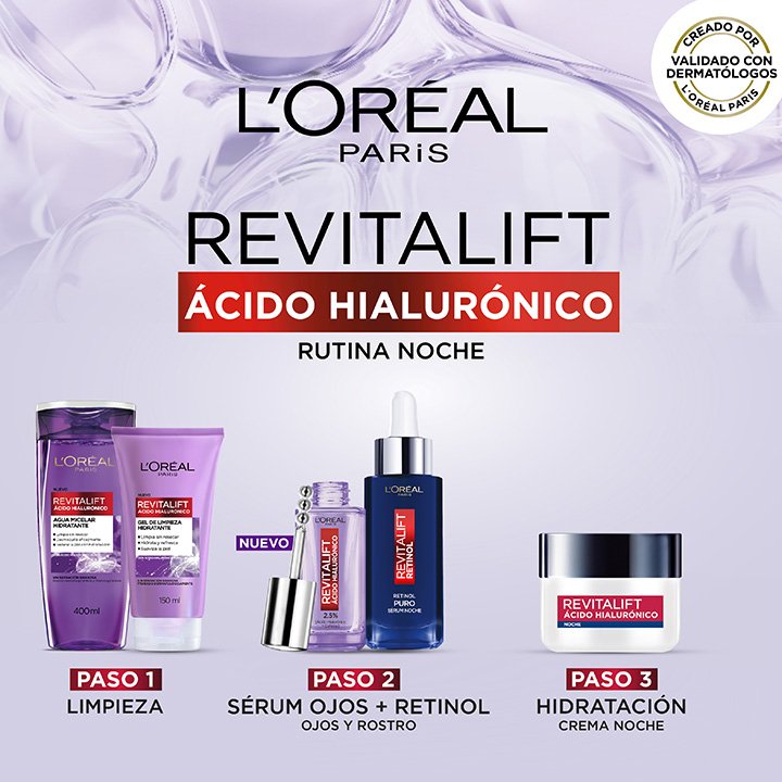 Rutina hidratante y anti líneas de expresión revitalift ácido hialurónico de loreal paris